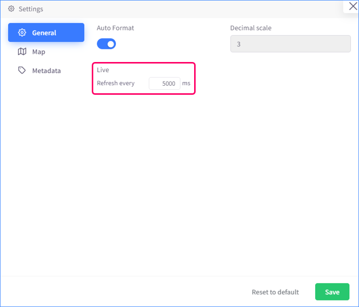 Live mode configuration (in Settings menu)