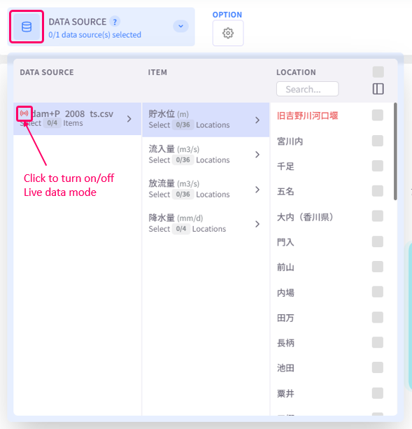 Turn on Live data mode through analysis tabs