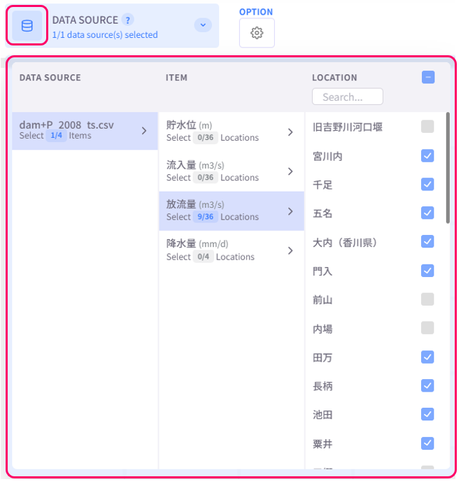 Datasource selection menu