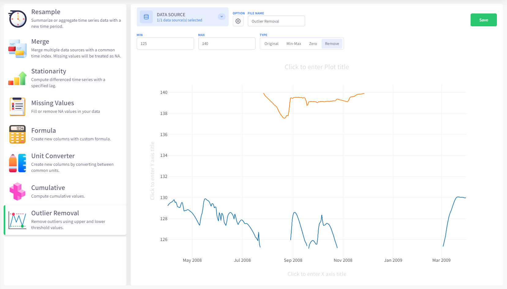 Example of processing time-series data using the Outlier Removal tool