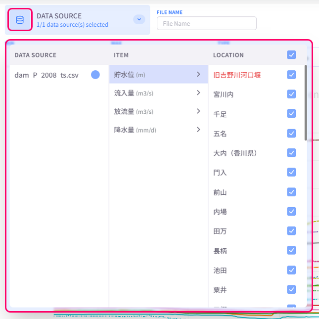 Datasource selection menu