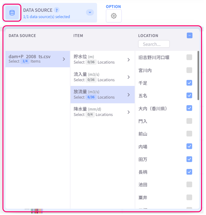 Datasource selection menu