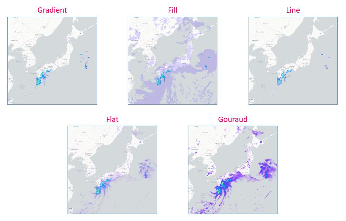 Example of five visualize modes of NetCDF layer