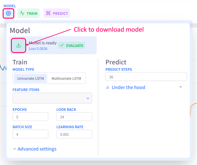 Download model from the model settings menu